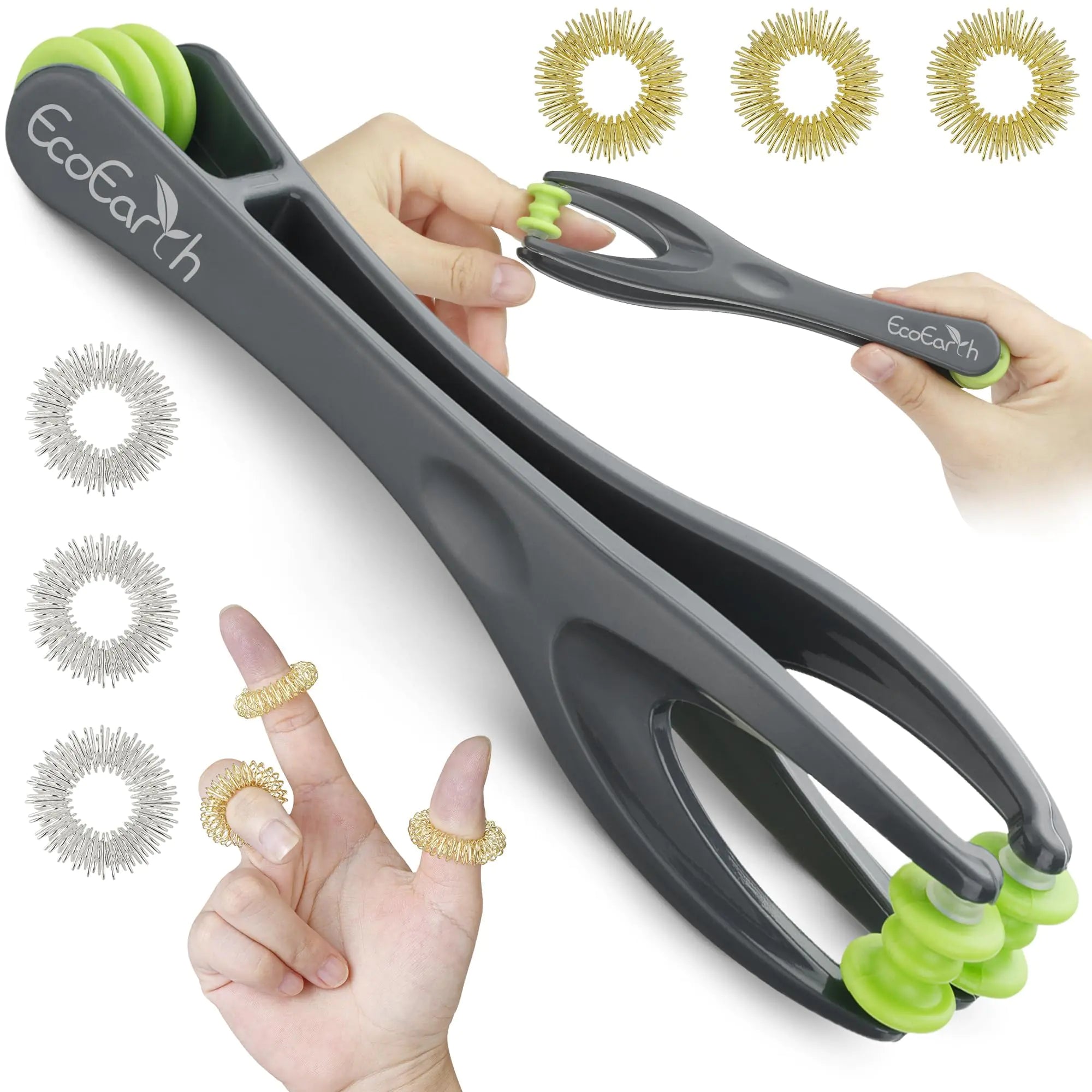 EcoEarth Finger & Hand Massager Set - 1 Dual-Sided Massage Roller 6 Finger Massage Rings - Deep Tissue Comfort & Acupressure Therapy Tools for Arthritis Carpal Tunnel Stress & Pain Relief